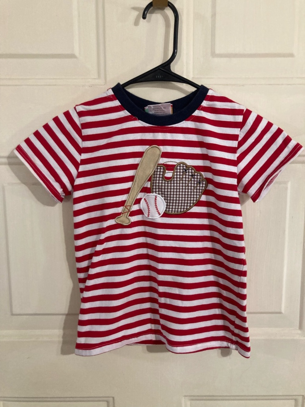 Kids Red & White Striped Baseball Applique Tee with Navy Trim